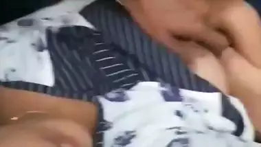 GF boob press and nipple roll in car by boyfriend